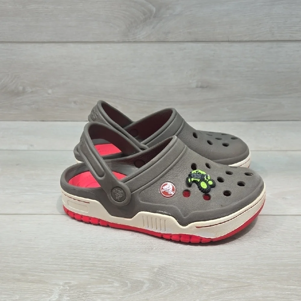 Crocs Kids Gray& Red Clogs Mule Shoes Sz J2